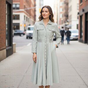 VTG Karen Alexander Cotton Button Down Shirt Dress Sz 10 Light Green Midi #76S